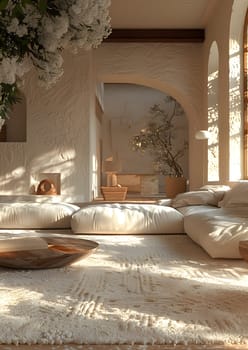 An interior design featuring a living room with a wooden couch and pillows on a hardwood floor. The walls are decorated with arches and the ceiling adds to the comfort of the space