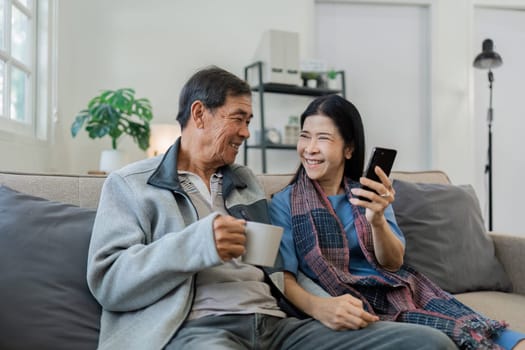 Smiling caucasian senior elderly couple grandparent using mobile together.