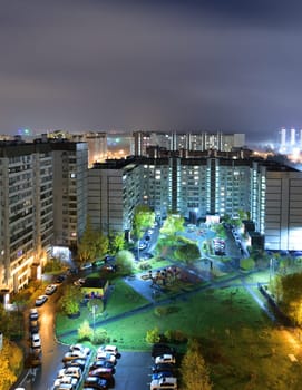 Autumn cityscape with fog in the Zelenograd in Moscow, Russia