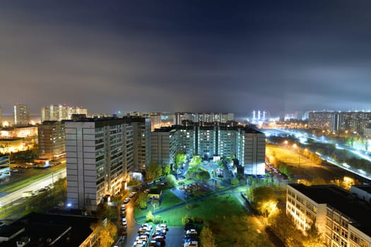 Autumn cityscape with fog in the Zelenograd in Moscow, Russia