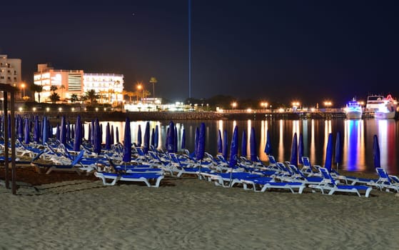 Protaras, Cyprus - Oct 10. 2019. Night landscape of the famous Sunrise beach