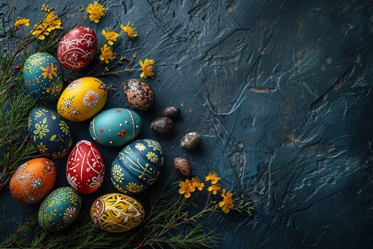 Beautiful decorated Easter eggs on a blue wooden surface. Easter composition, top view.