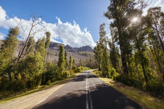 The picturesque Gordon River Rd and the Needles mountain range near Florentine on a hot summer's afternoon in Southwest National Park, Tasmania, Australia