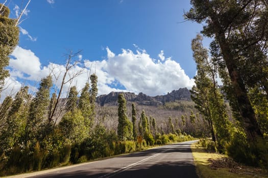 The picturesque Gordon River Rd and the Needles mountain range near Florentine on a hot summer's afternoon in Southwest National Park, Tasmania, Australia