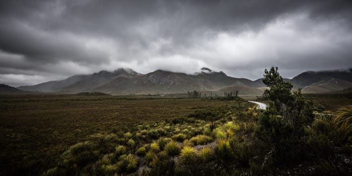 The picturesque Gordon River Rd at the Sentinel range of mountains near Bitumen Bones Sculpture on a cool wet summer's morning in Southwest National Park, Tasmania, Australia