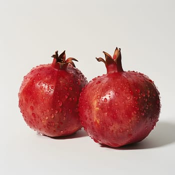 Two pomegranates, a superfood and staple fruit, with water drops, showcased on a white background, highlighting their natural beauty as a plant produce