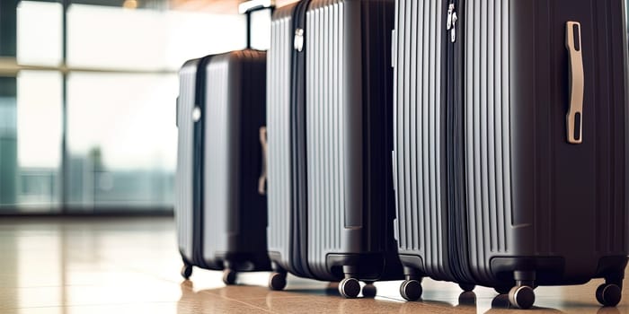 Suitcases Standing In Airport Hall Waiting Fly , Concept Of Air Flying