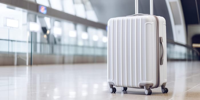 White Suitcase In Airport Hall , Concept Of Vacation Travelling