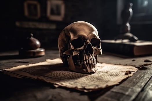 human skull with ancient mysterious writings on a table in abandoned terrible place, generative AI