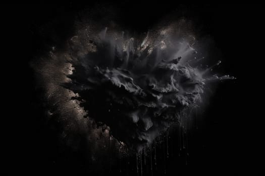 bursted black holi powder paint splashes in heart shape on a black background, generative AI