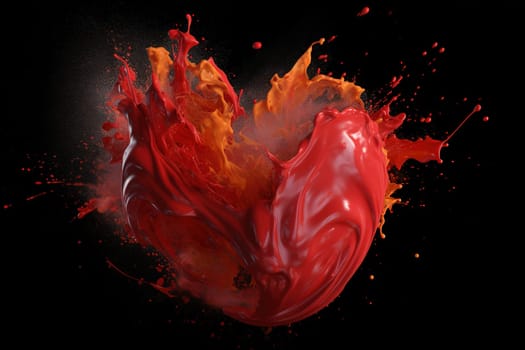 blew up red paint in heart shape splashes on a black background, generative AI