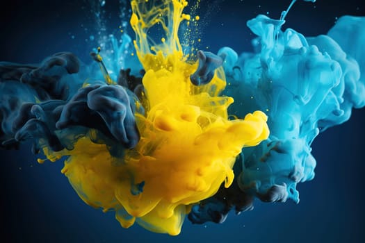splashes of paints in Ukrainian national flag colors, blue and yellow colors drops, generative AI