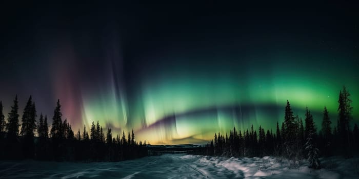 amazing Aurora Northern Lights above winter Forest near the Arctic Circle, generative AI
