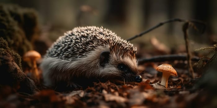 Wild Hedgehog With Mushroomd In Autumn Forest, Animal In Natural Habitat