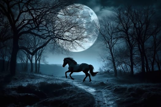 Night Scene With The Horse Cantering Under The Moonlight, Showcasing The Magical And Mysterious Side Of Its Nocturnal Adventures