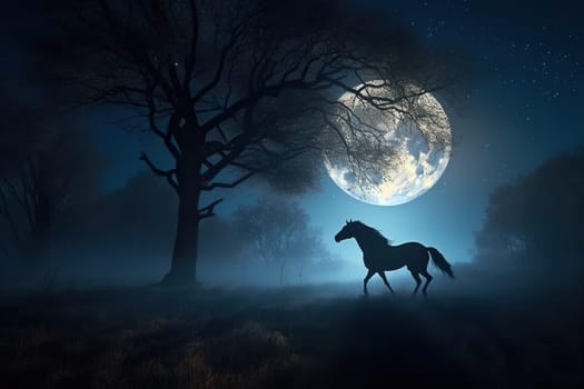 Night Scene With The Horse Cantering Under The Moonlight, Showcasing The Magical And Mysterious Side Of Its Nocturnal Adventures