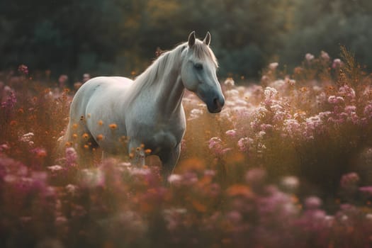 Surrounded By Wildflowers, The Horse Moves Through A Meadow Infused With An Ethereal, Almost Magical Scene