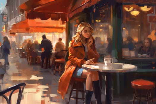 Illustration Of Young Woman Sits At A Table Of Street Cafe With Cup Of Hot Coffee Or Tea