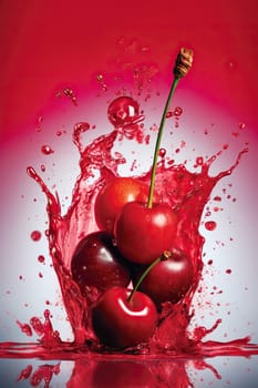 Fresh Cherry With Drops And Splashes Of Juice On A Red Background