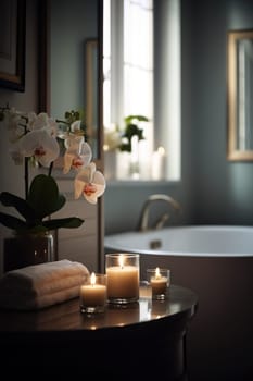Modern Bathroom During The Morning Hours With A Round Side Table Adorned With A Tasteful Display Of Flowers And Candles