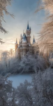 Magnificent Medieval Castle In Snowy Forest Stands Tall In Vertical Image