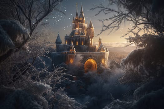 Magnificent Medieval Mysterious Castle At Night Stands As An Enigmatic Fantasy Place, Shrouded In Darkness And Mystery