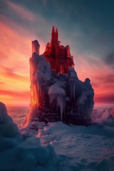 Magnificent Castle Heavily Frosted In Ice And Snow At Sunset, Vertical Image