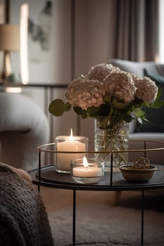 Morning Serenity In A Chic Living Room, Featuring A Round Magazine Table With An Elegant Arrangement Of Flowers And Candles On A Blurred Background