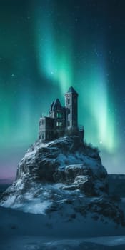 Medieval Castle On A Mountain In Winter Under The Northern Lights At Night