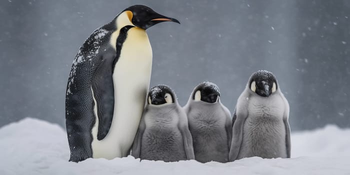 Adult Royal Penguin And Tiny Penguin Chicks On A Ledge Represent Wild Nature World Of Antarctica