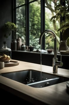 Tranquil Kitchen Ambiance As Water Streams Gracefully From The Tap, Capturing The Peacefulness Of A Quiet Morning. --Ar 2:3 --Stylize 750 --V 5 Job Id: 2242749B-3D8E-43Aa-B905-6E1274A47C61