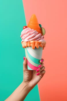 Girl holding Delicious Sweet Ice Cream With Colorful Topping In Waffle Cup