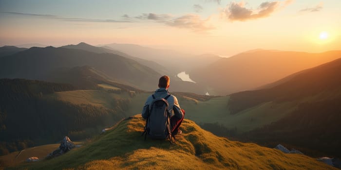 lonely hiker with backpack sitting and looking at sunset in mountains, generative AI