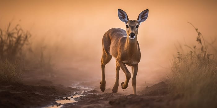 Young deer wandering through the steppe,close-up view in dusty weather , generative AI