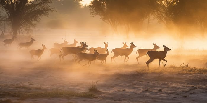 Group of a young deers running through the steppe in dusty weather , generative AI