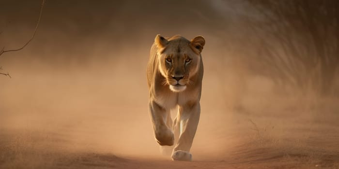 Lioness wandering through the steppe,close-up view in dusty weather , generative AI