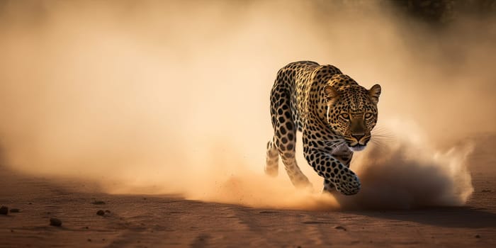 Leopard hunting in the steppe,close-up in dusty weather , generative AI