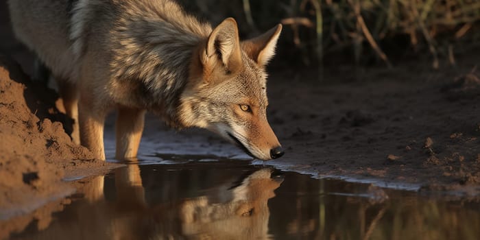 Coyote drinking from the river,close-up in dusty weather , generative AI