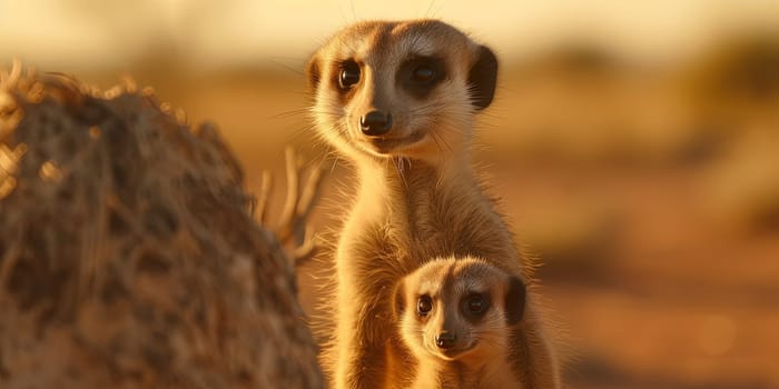Adult meerkat with baby looking in distance, close-up shot blurred background , generative AI