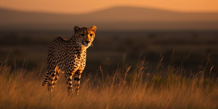 Cheetah wandering through the steppe,close-up view blurry background , generative AI