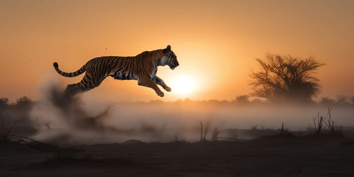 Tiger is jumping forward in the steppe in dusty weather sunset at the background , generative AI