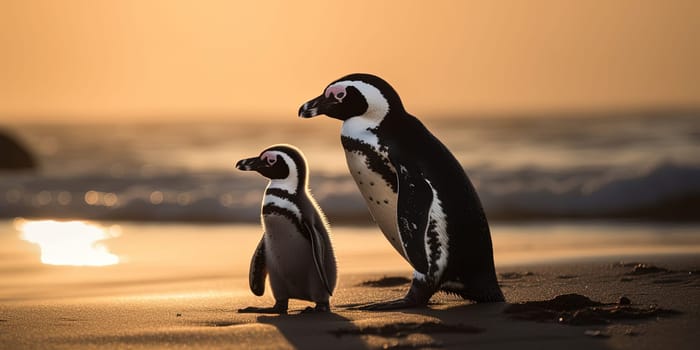 Adult penguin with baby on the shore looking in distance, close-up shot blurred background , generative AI