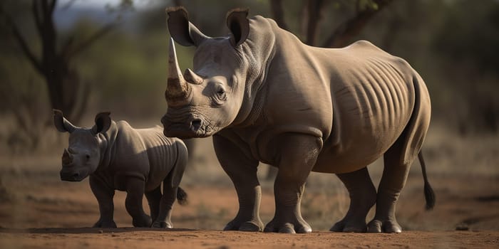 Adult rhino with baby looking at distance in the steppe, blurry background , generative AI