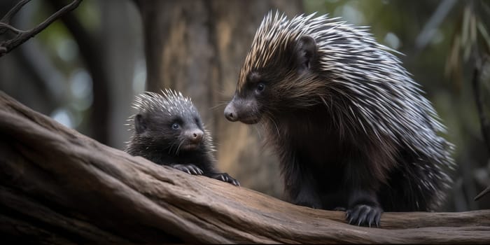Adult porcupine with baby looking at each other in the forest, blurry background , generative AI