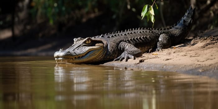 Сrocodile walking into water on the shore, blurry background , generative AI