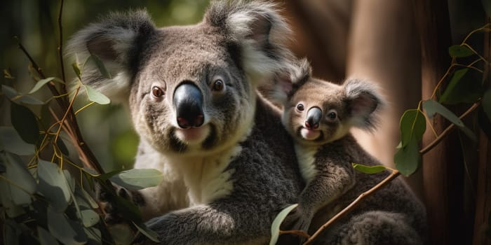 Adult koala with baby looking in camera in the forest, blurry background , generative AI