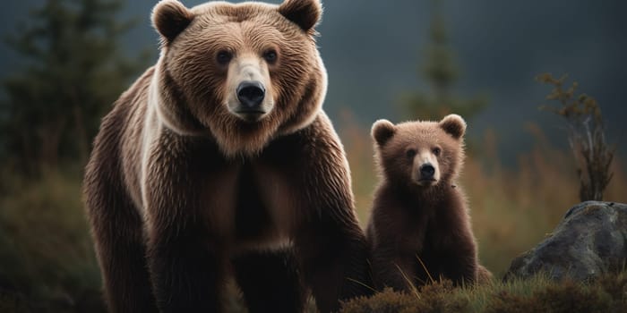 Grizzly bear with baby looking in camera in the forest, blurry background , generative AI