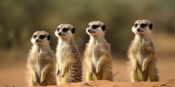 Group of meerkats looking at distance in the steppe,close-up view blurry background , generative AI