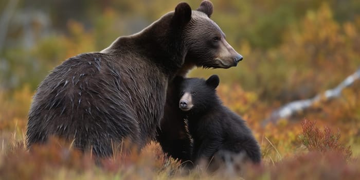 Black bear with baby looking at distance in the forest, blurry background , generative AI