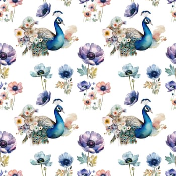 Watercolor illustration of peacock and flower patterns on white background , generative AI